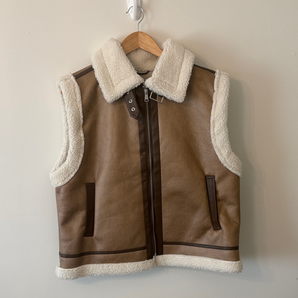 Altar’D State Vest Women’s M Brown Faux Leather Sherpa Lined Full Zip